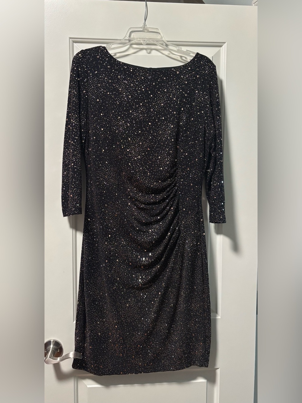 Anne Klein Black Sparkle Ruched Long Sleeve Midi Dress